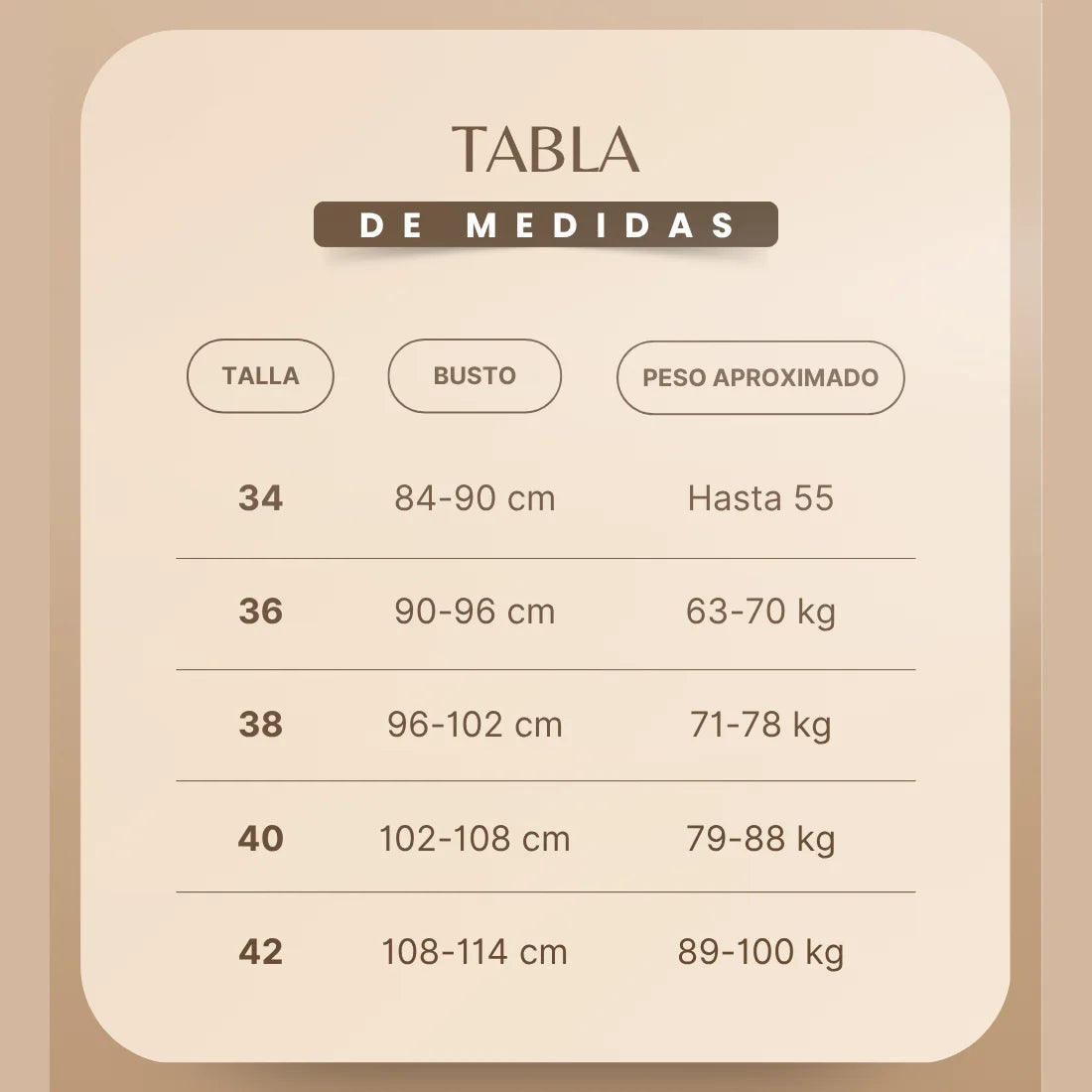 Tabla de medidas del brasier sin costuras